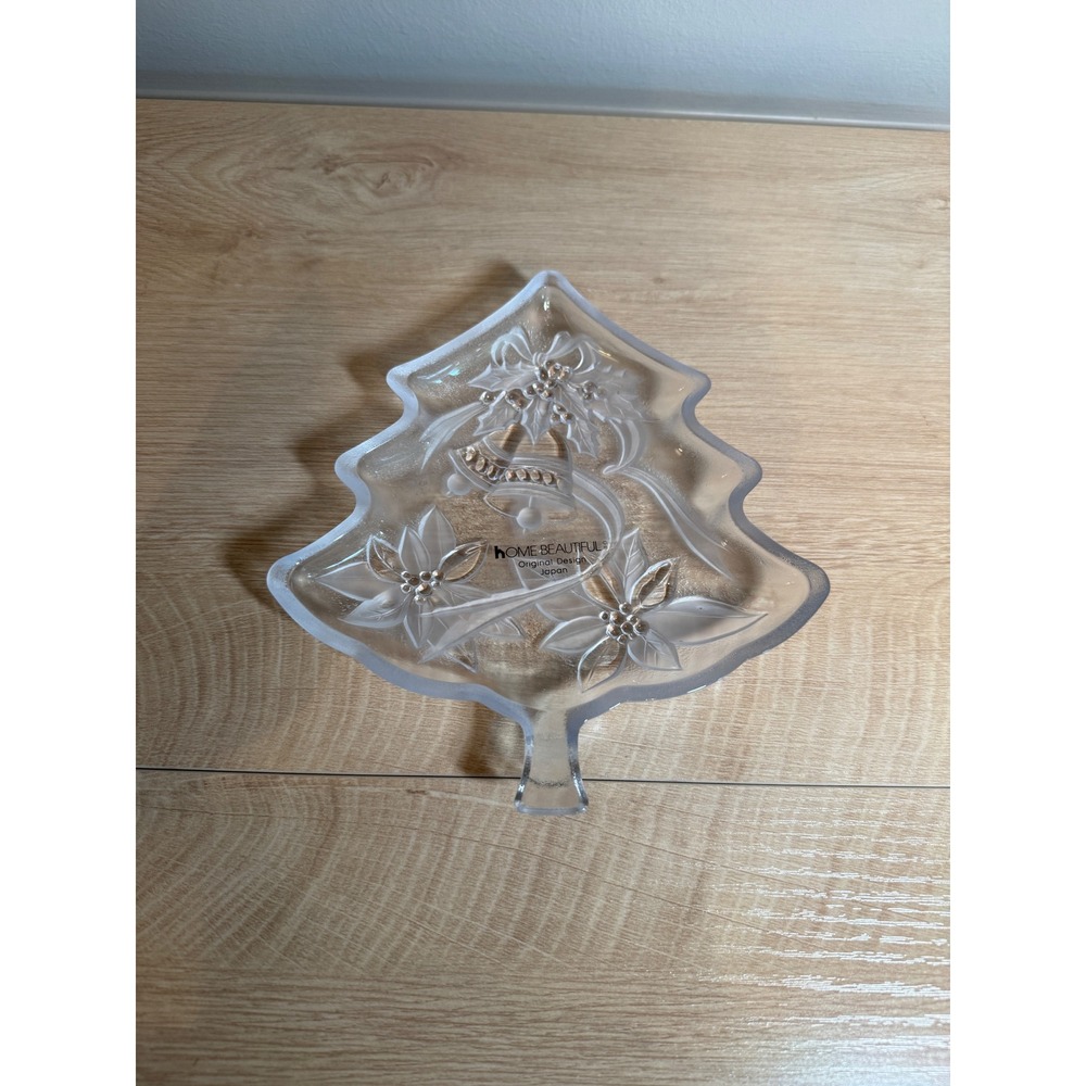 Home Beautiful Christmas Tree Frosted Glass Candy Dish Japan Poinsettia Bells